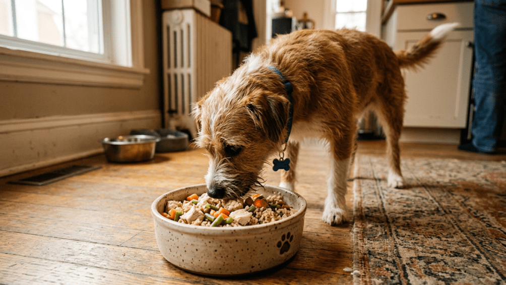 A happy, healthy dog with a bowl of fresh wholefood.