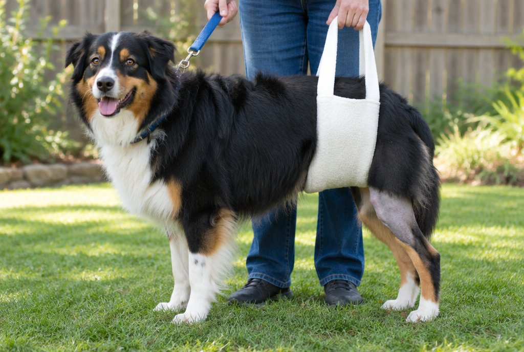 Owner supporting a long-haired black, white and tan dog with a rear sling on the lawn during TPLO surgery recovery